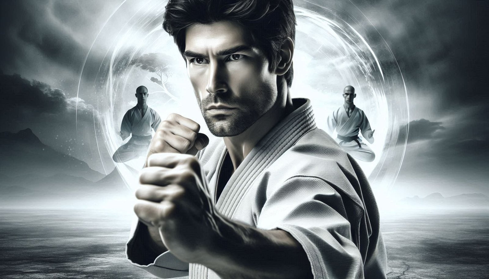 Focused individual embodying Bruce Lee's success philosophy, showcasing laser-like concentration in a serene environment.