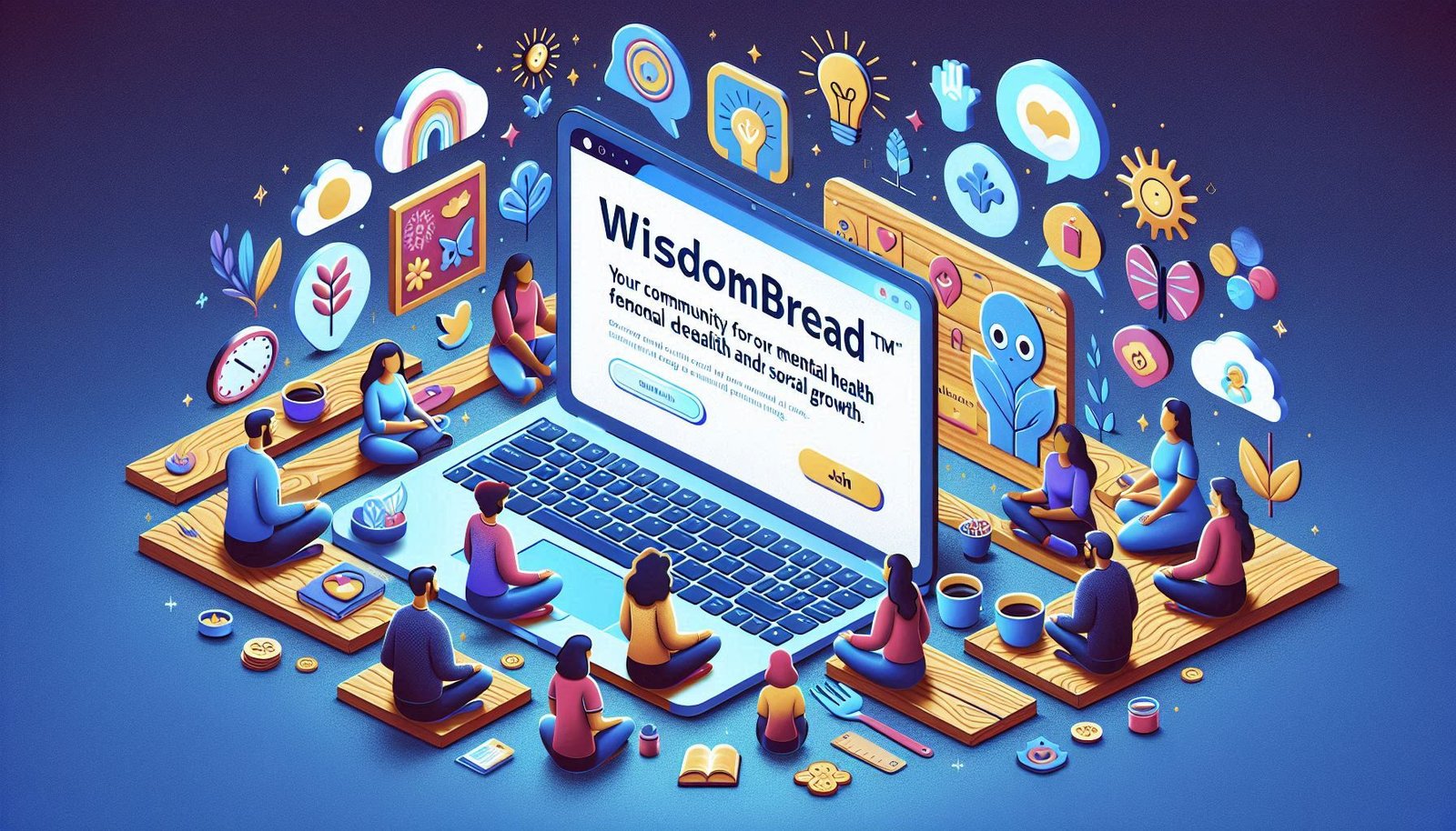 WisdomBread™ – Nurturing Minds, Fostering Growth A serene and inviting graphic representing the WisdomBread™ community, symbolizing mental health and personal growth.