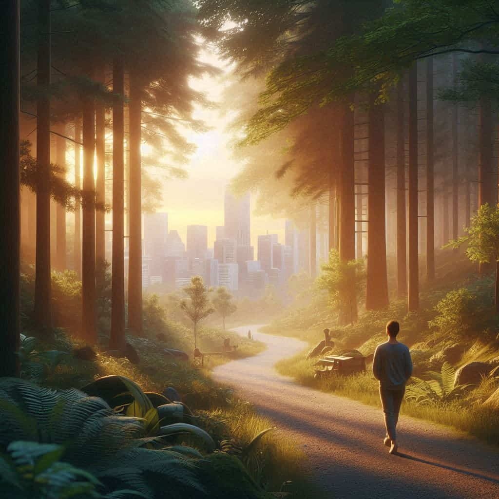 Person walking slowly on a peaceful forest path, embodying patience and wisdom, with distant city skyline