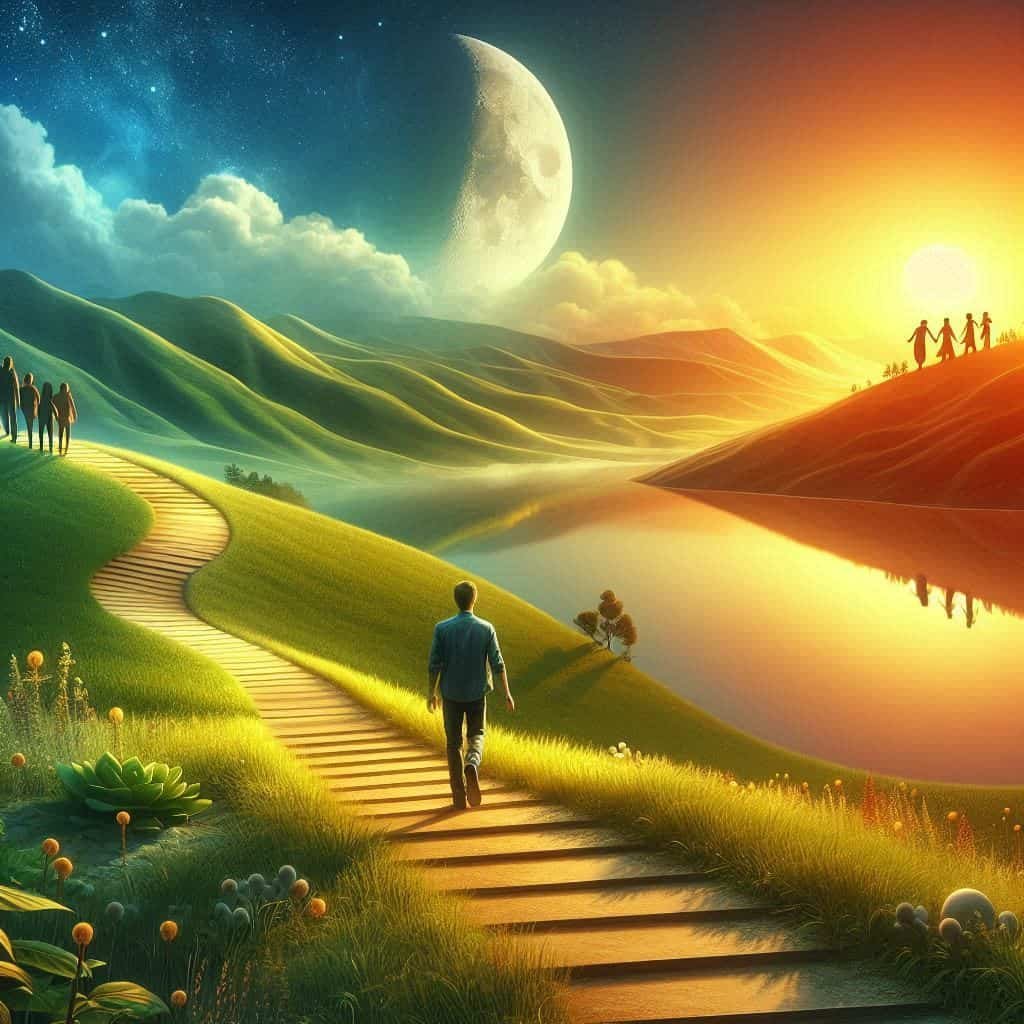 Inspiring photo-realistic image of personal growth journey: figure taking small step on winding path, peaceful sunrise, supportive community, symbolizing mental health improvement and resilience.