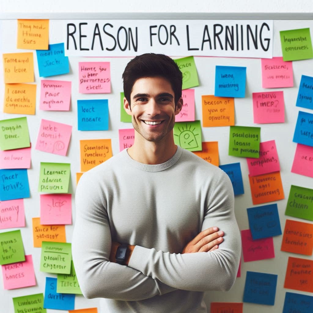 A person standing in front of a whiteboard filled with colorful sticky notes, representing reasons for learning.