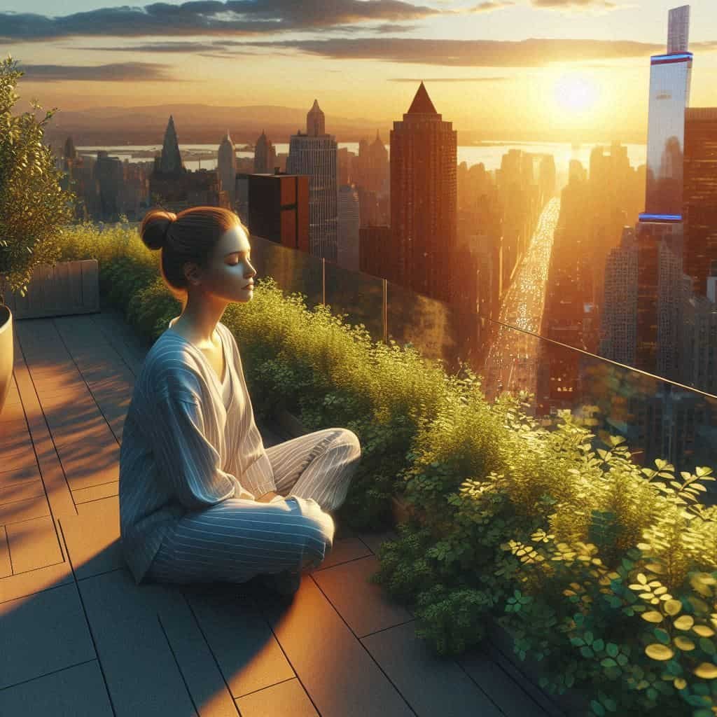Young woman on New York rooftop at sunset, symbolizing mental health, balance, and personal growth amidst city skyline."