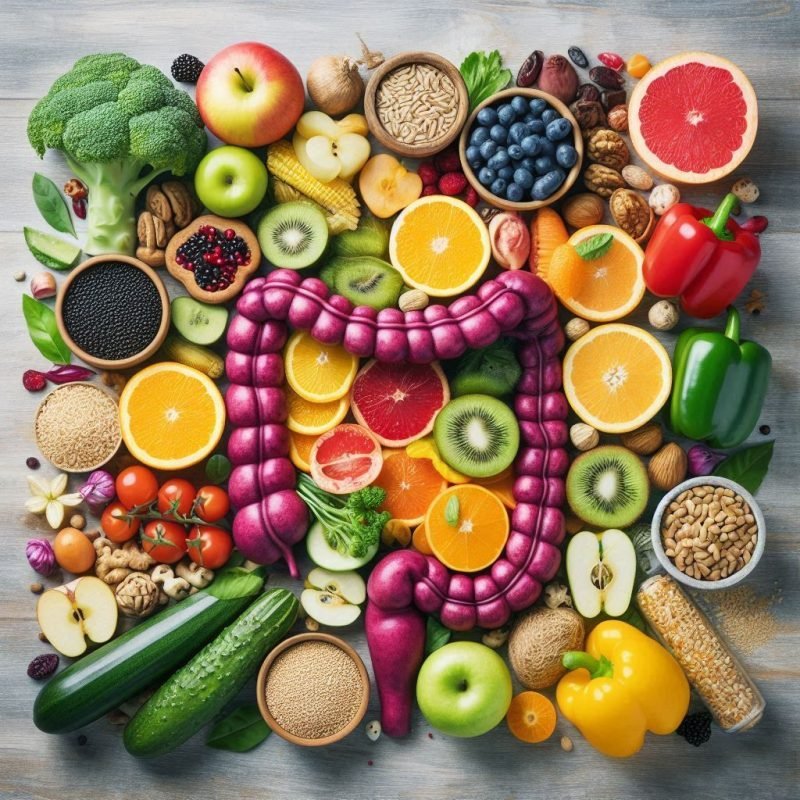 Gut-friendly foods arranged in the shape of a digestive system