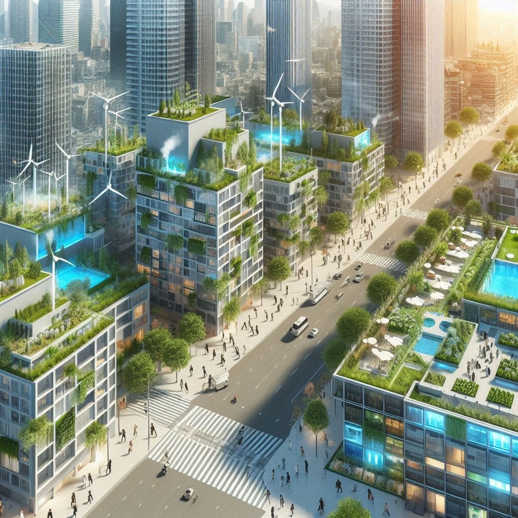 Cityscape with rooftop gardens, green spaces, and people using wearable cooling devices.
