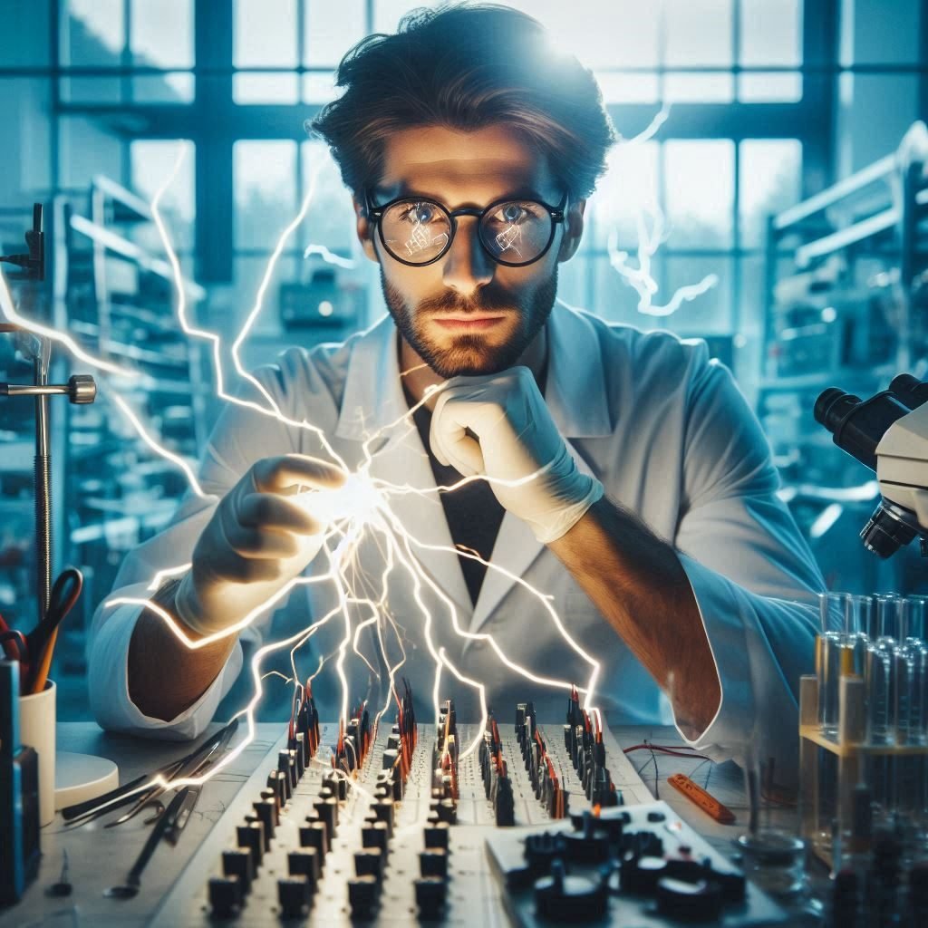 Nikola Tesla in his laboratory with electrical equipment and arcs of electricity, symbolizing his innovative spirit.