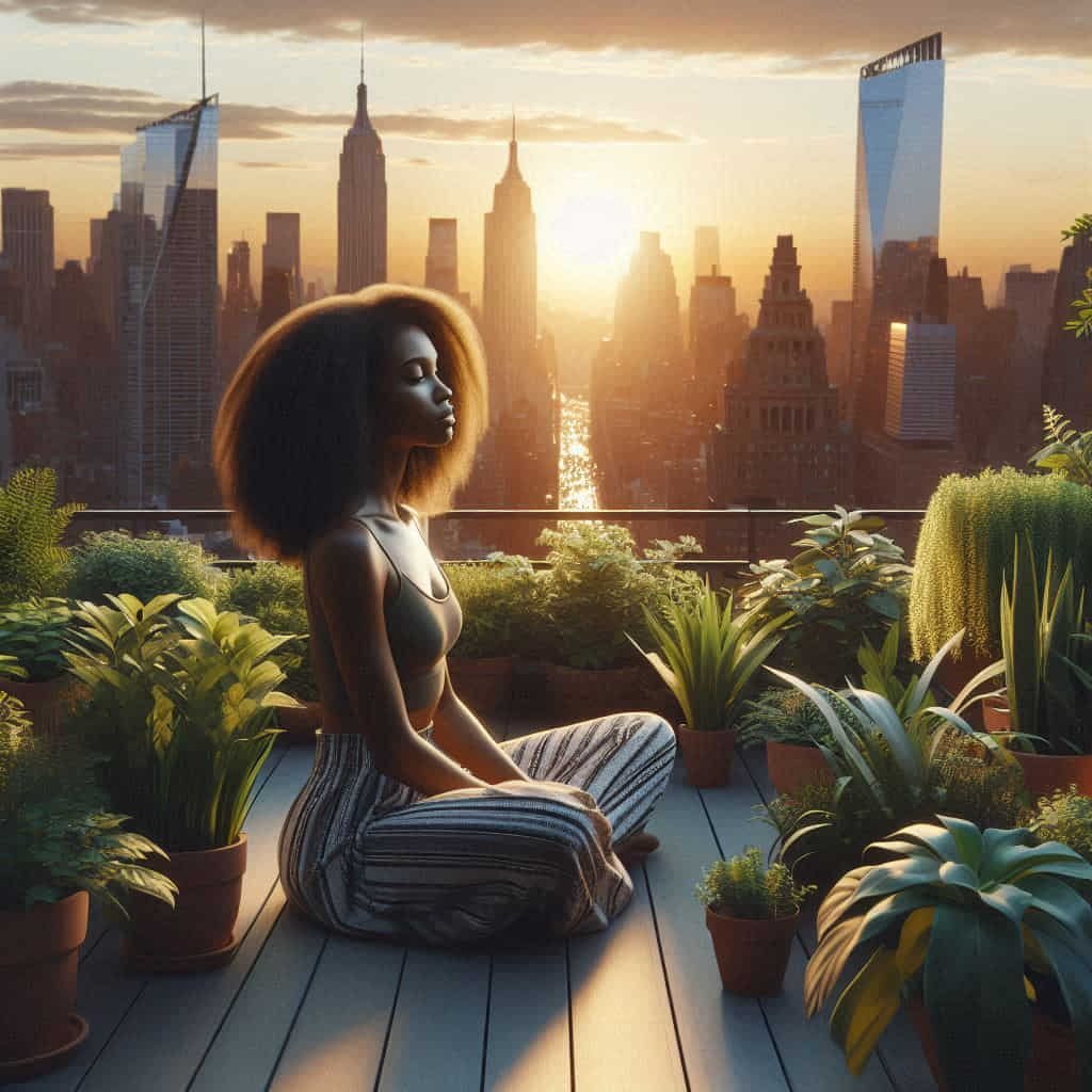 Young woman on New York rooftop at sunset, symbolizing mental health, balance, and personal growth amidst city skyline."
