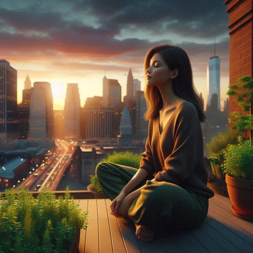 Young woman on New York rooftop at sunset, symbolizing mental health, balance, and personal growth amidst city skyline."