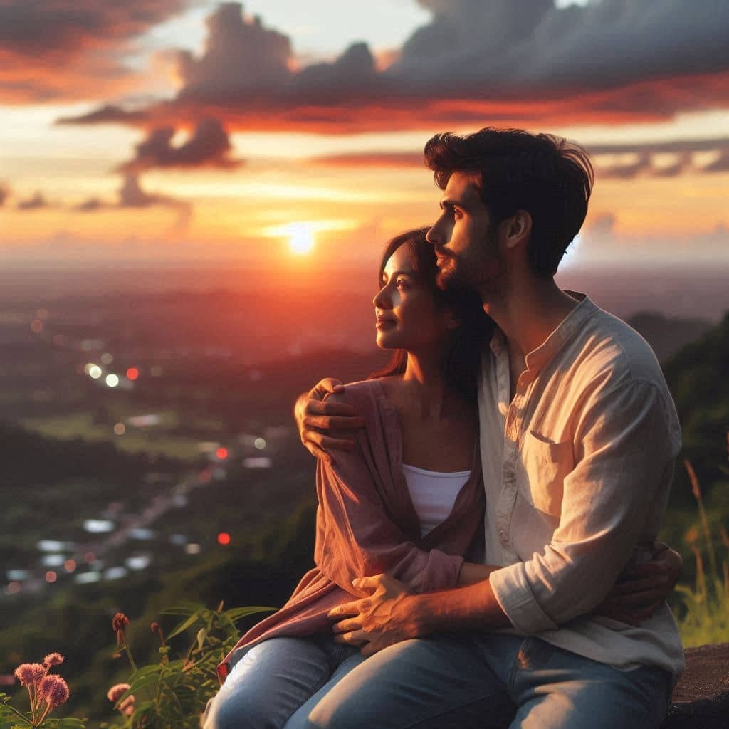 Couple enjoying a sunset, focusing on their emotional connection.