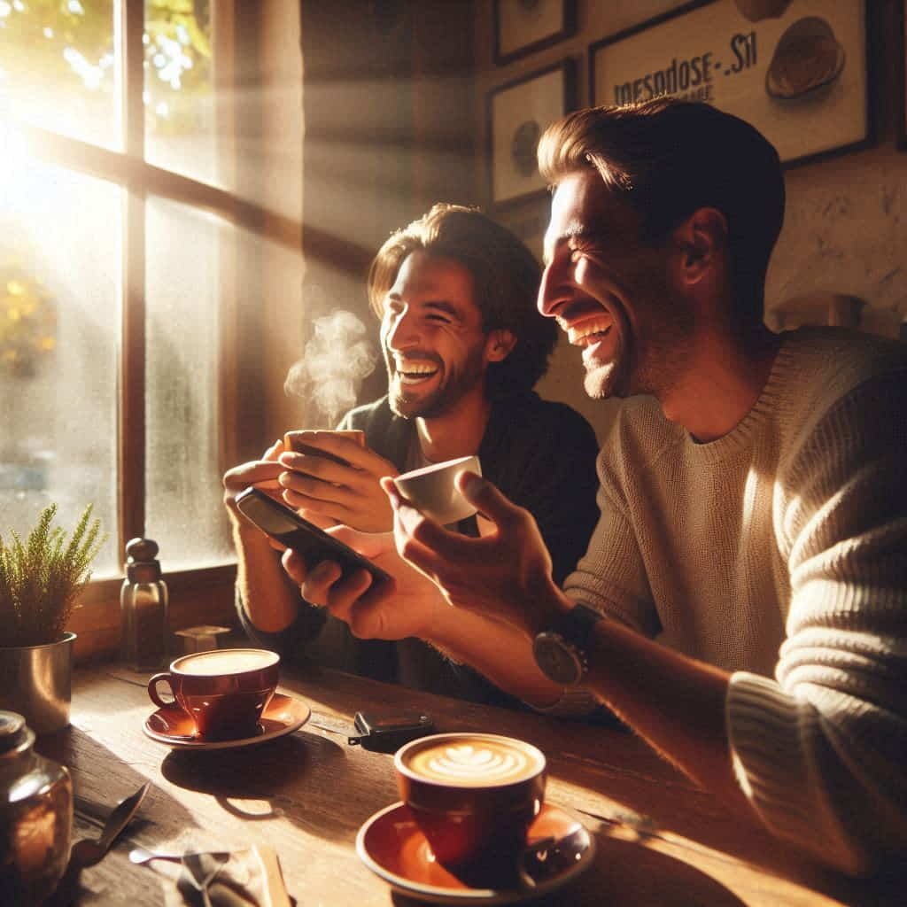 Two friends laughing at a café, highlighting friendship beyond money.