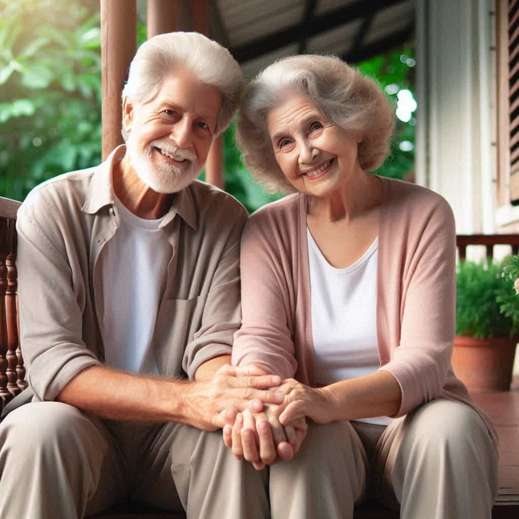 Elderly couple sitting on a porch, symbolizing a lifelong bond.