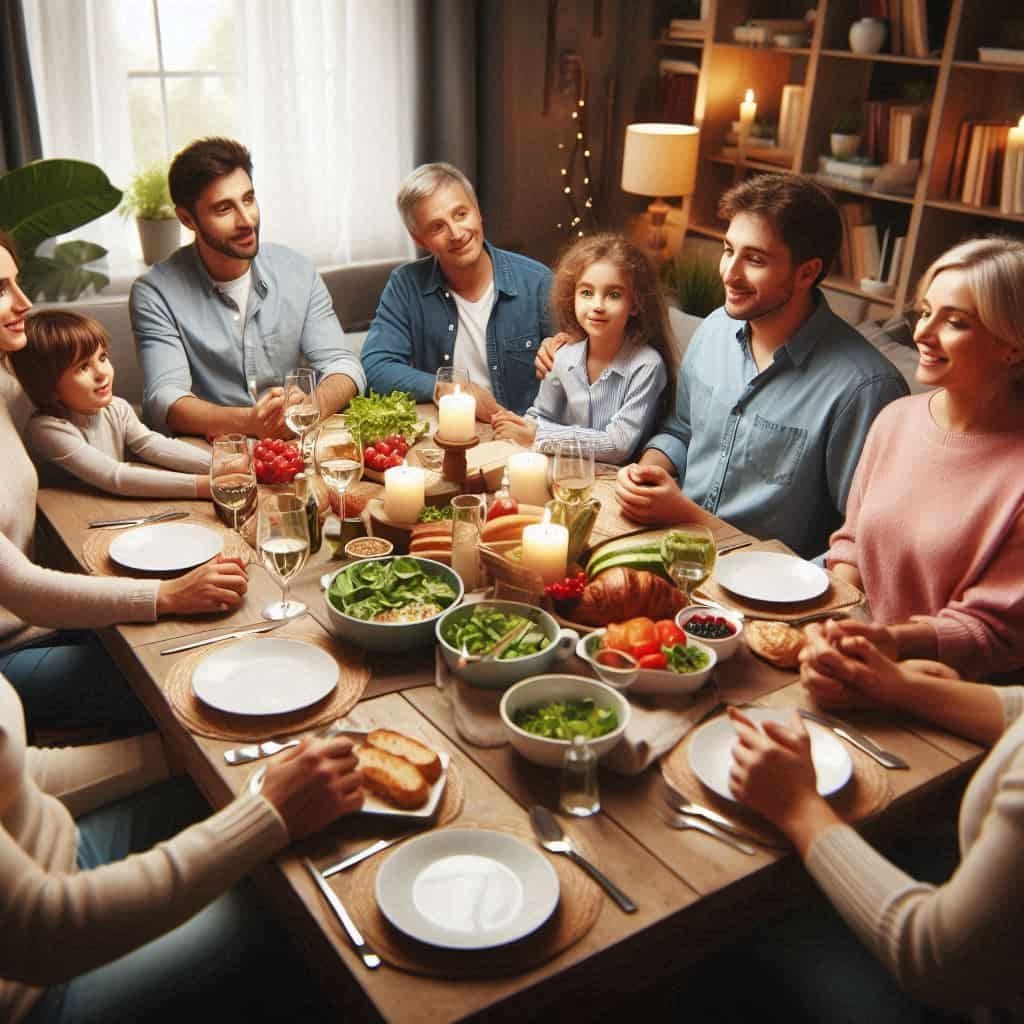 Family gathered around a dinner table, sharing love and respect.