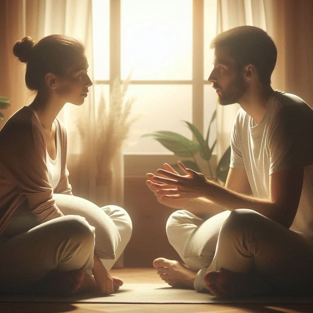 Two people practicing calm communication techniques to reduce stress and improve mental health in a serene living room setting