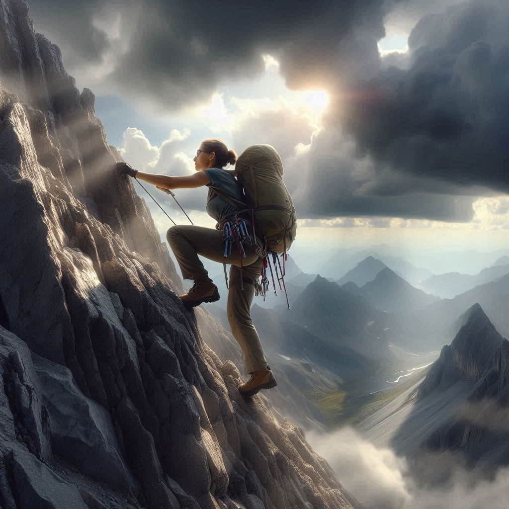Person climbing rocky mountain, symbolizing mental resilience journey and overcoming challenges for personal growth