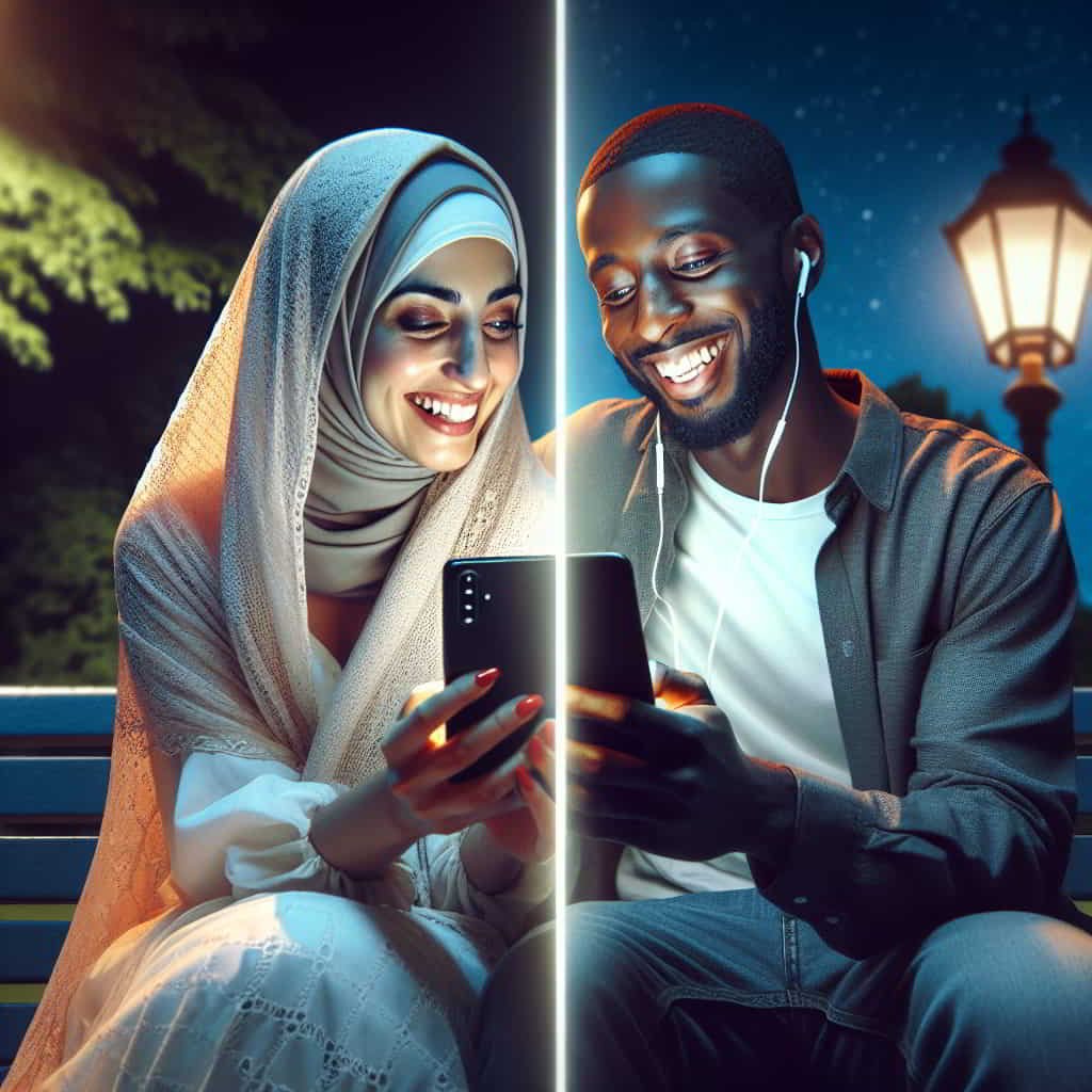 Split-screen image showing positive and negative impacts of digital communication on relationships, from video chatting to phubbing