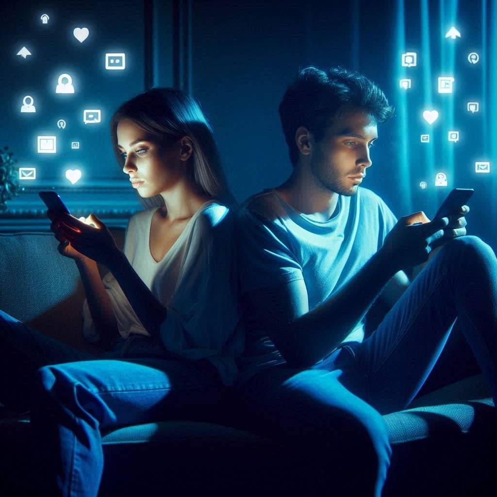 Young couple on couch using smartphones, surrounded by dating app and social media icons, illustrating digital dating dynamics