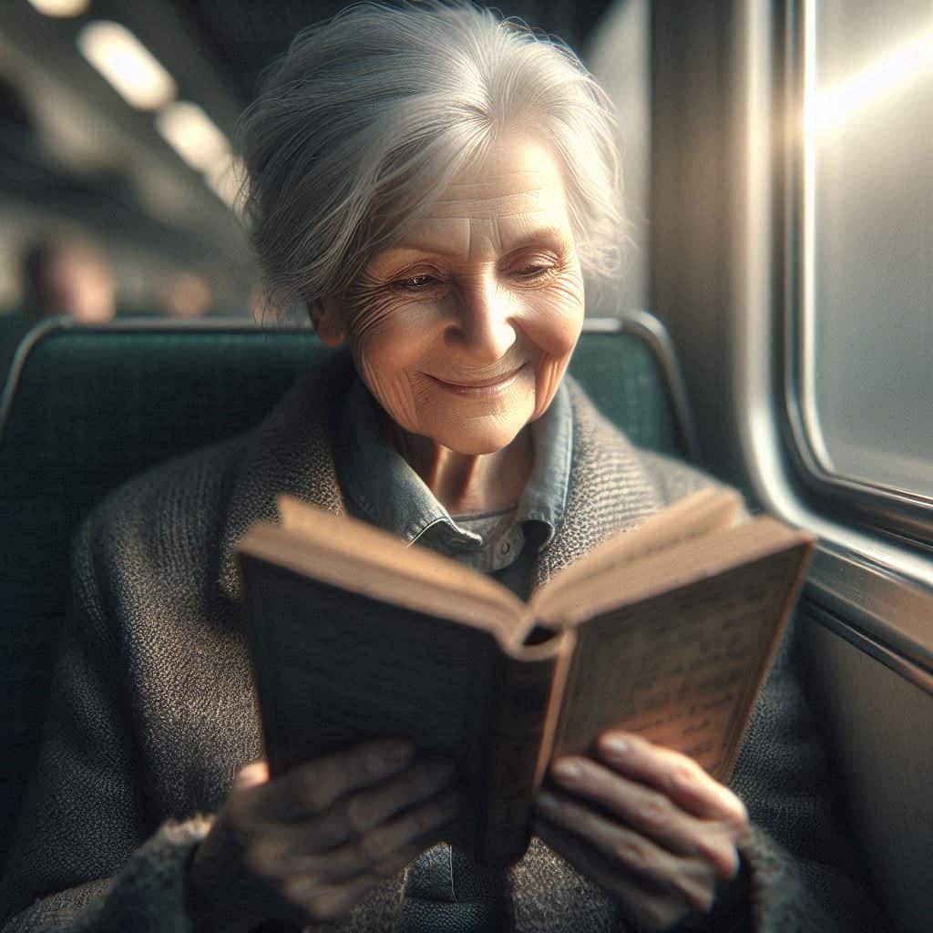 Photo of an elderly woman reading a paperback on a train, her joyful expression highlighting the escape that reading provides, captured in a photo-realistic style.