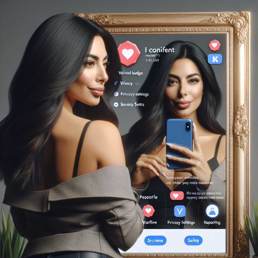 Confident person with smartphone, mirror reflecting dating profile with highlighted safety features, symbolizing empowered digital dating