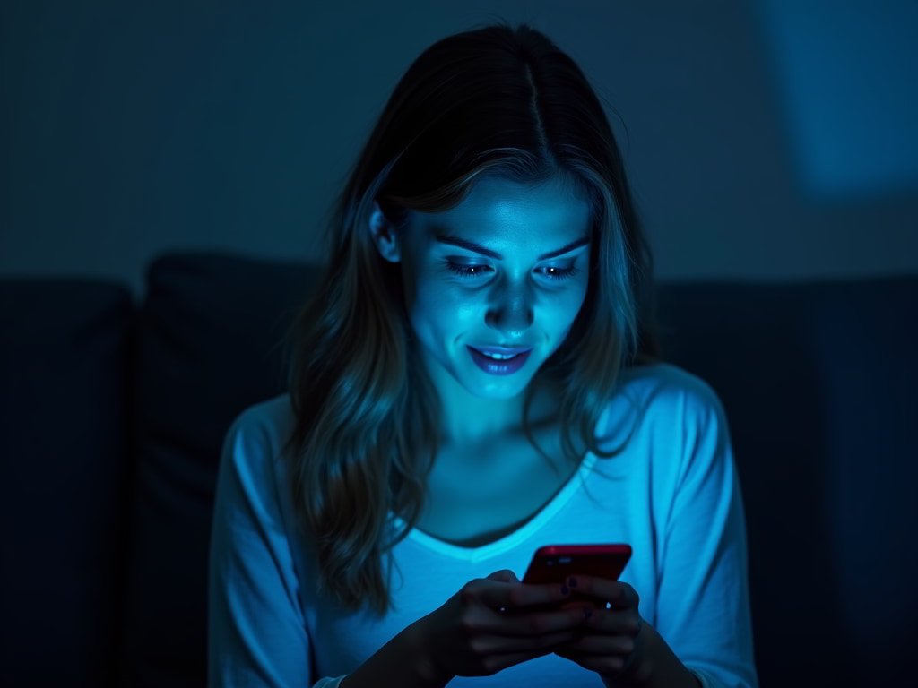 Young adult experiencing mix of excitement and apprehension while downloading first dating app, illuminated by smartphone glow