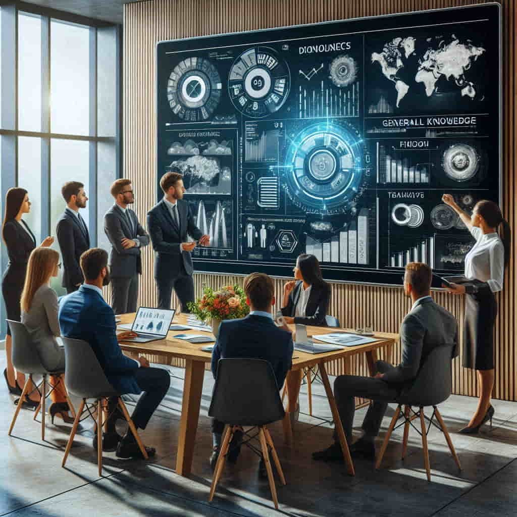 Business professionals leveraging general knowledge for improved decision-making and collaboration in a modern office setting