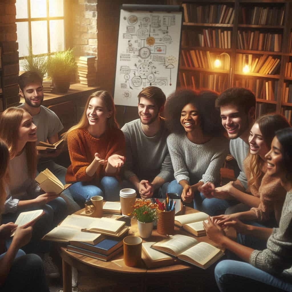 Diverse friends engaged in animated discussion about general knowledge, surrounded by books in a cozy library setting
