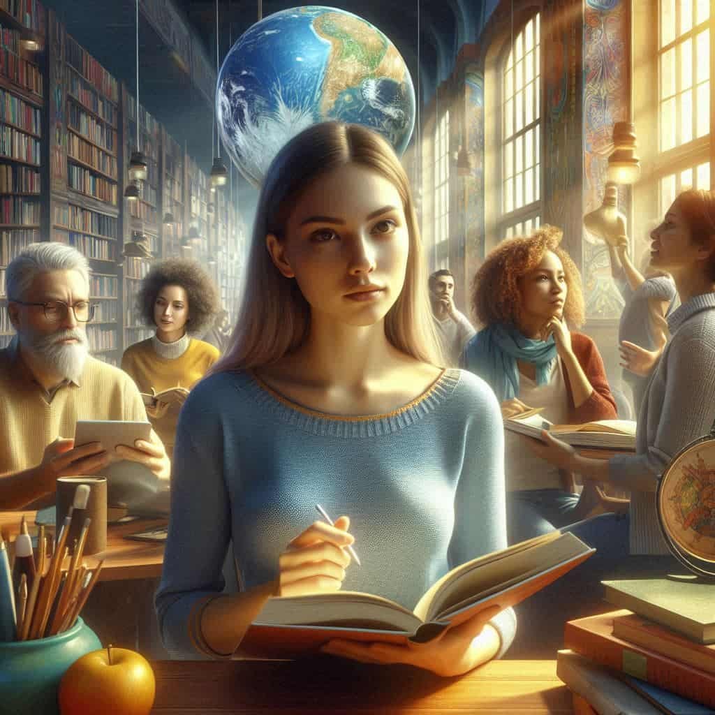 Diverse individuals pursuing knowledge in a vibrant library, illustrating the importance of general knowledge for personal growth