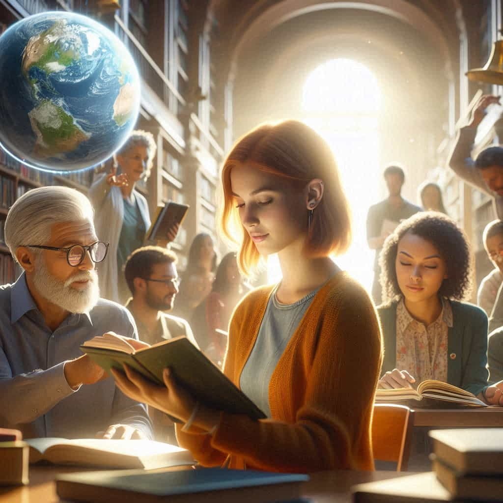 Diverse individuals pursuing knowledge in a vibrant library, illustrating the importance of general knowledge for personal growth.