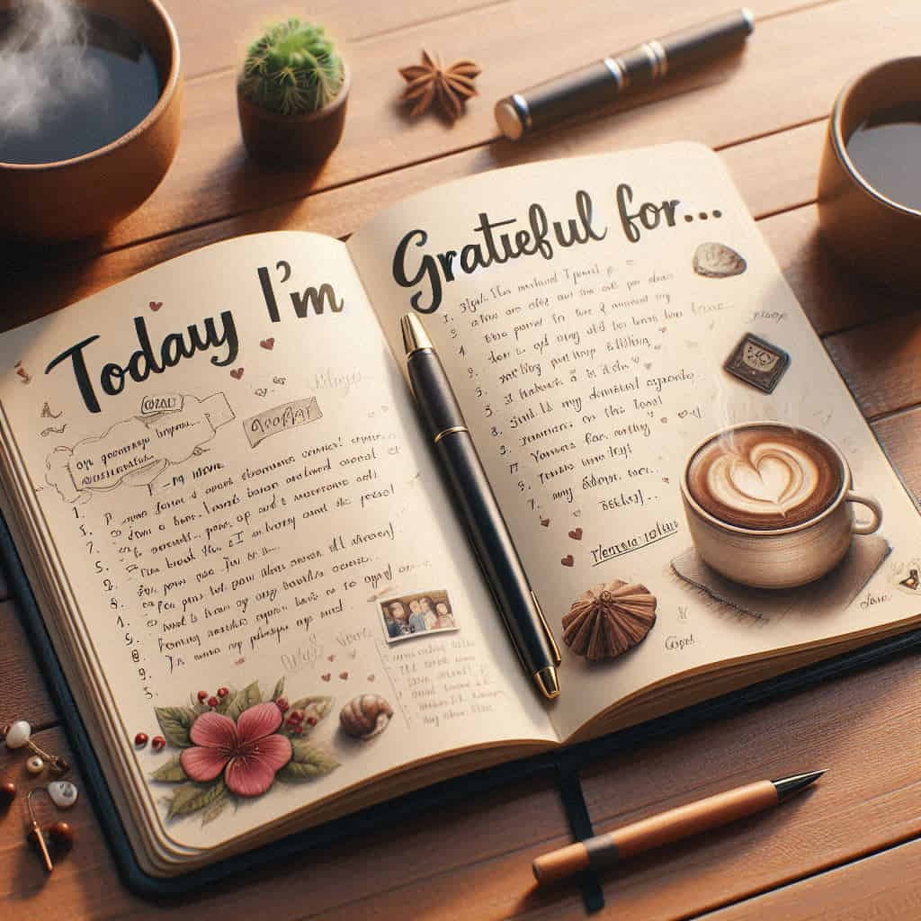 Open gratitude journal with handwritten entries, symbolizing daily mental health practice inspired by Amir Khusrau's wisdom.