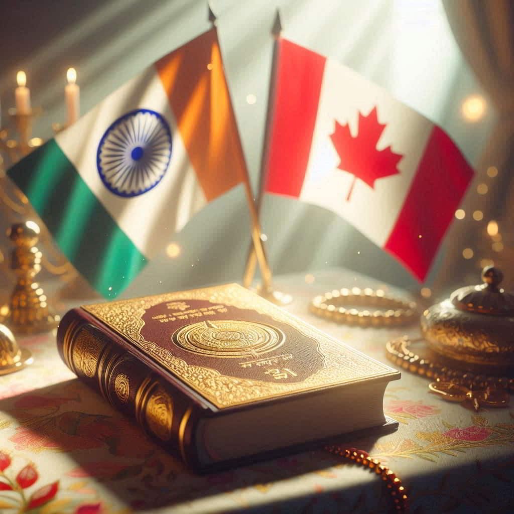 Guru Granth Sahib with Canadian and Indian flags, symbolizing cross-cultural Sikh wisdom in grief and celebration