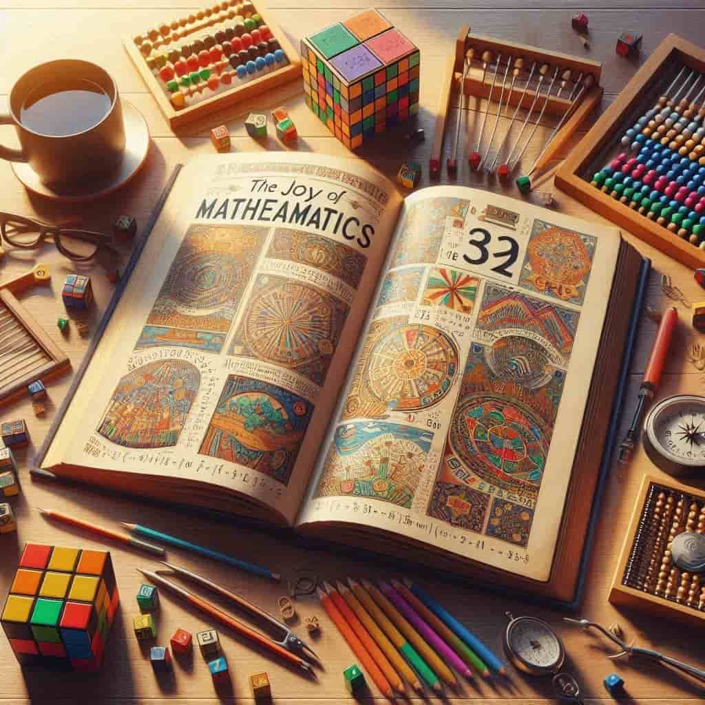 "The Joy of Mathematics" book open on desk with mathematical objects, showcasing engaging puzzles and concepts for math enthusiasts