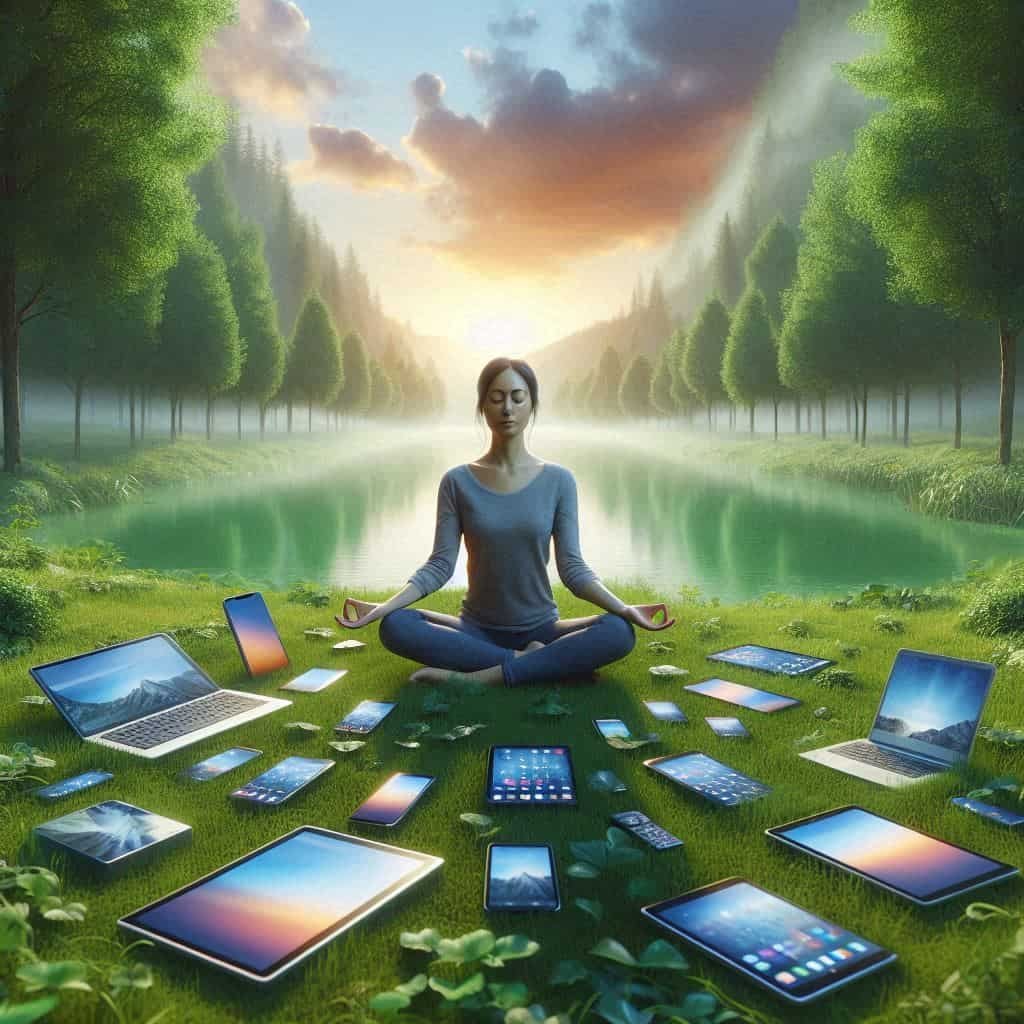 Person meditating in nature surrounded by scattered digital devices, illustrating 2024's mental health trend of digital detox.