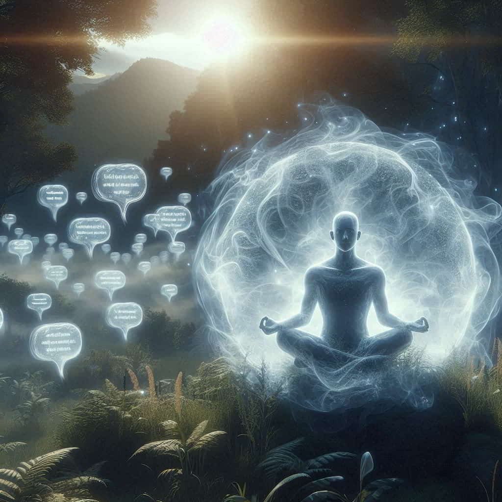 Person meditating with glowing aura, surrounded by positive affirmations, symbolizing mindful communication and inner peace