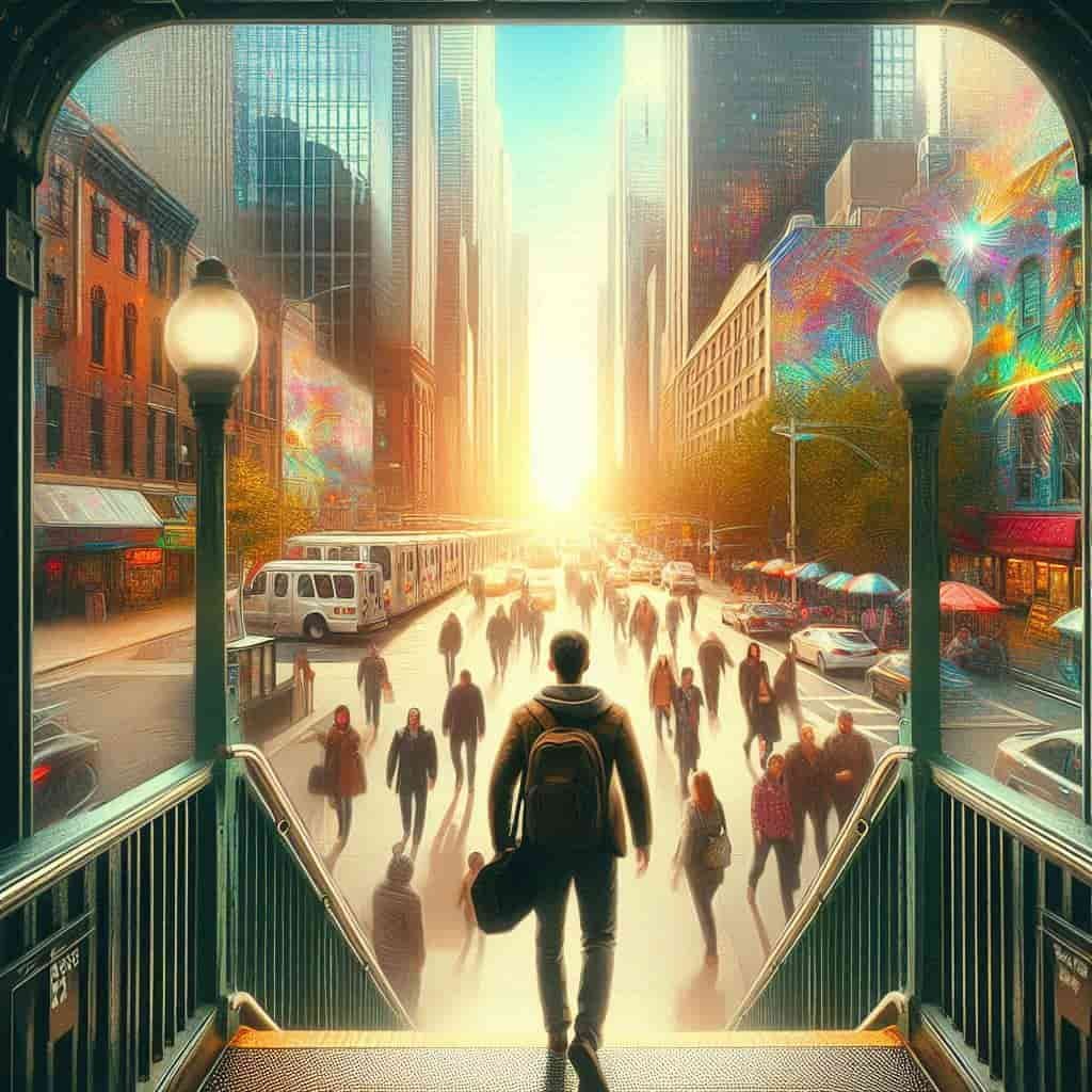 Person experiencing mindful revelation of everyday paradise in bustling New Jersey street, showcasing urban beauty and personal transformation.