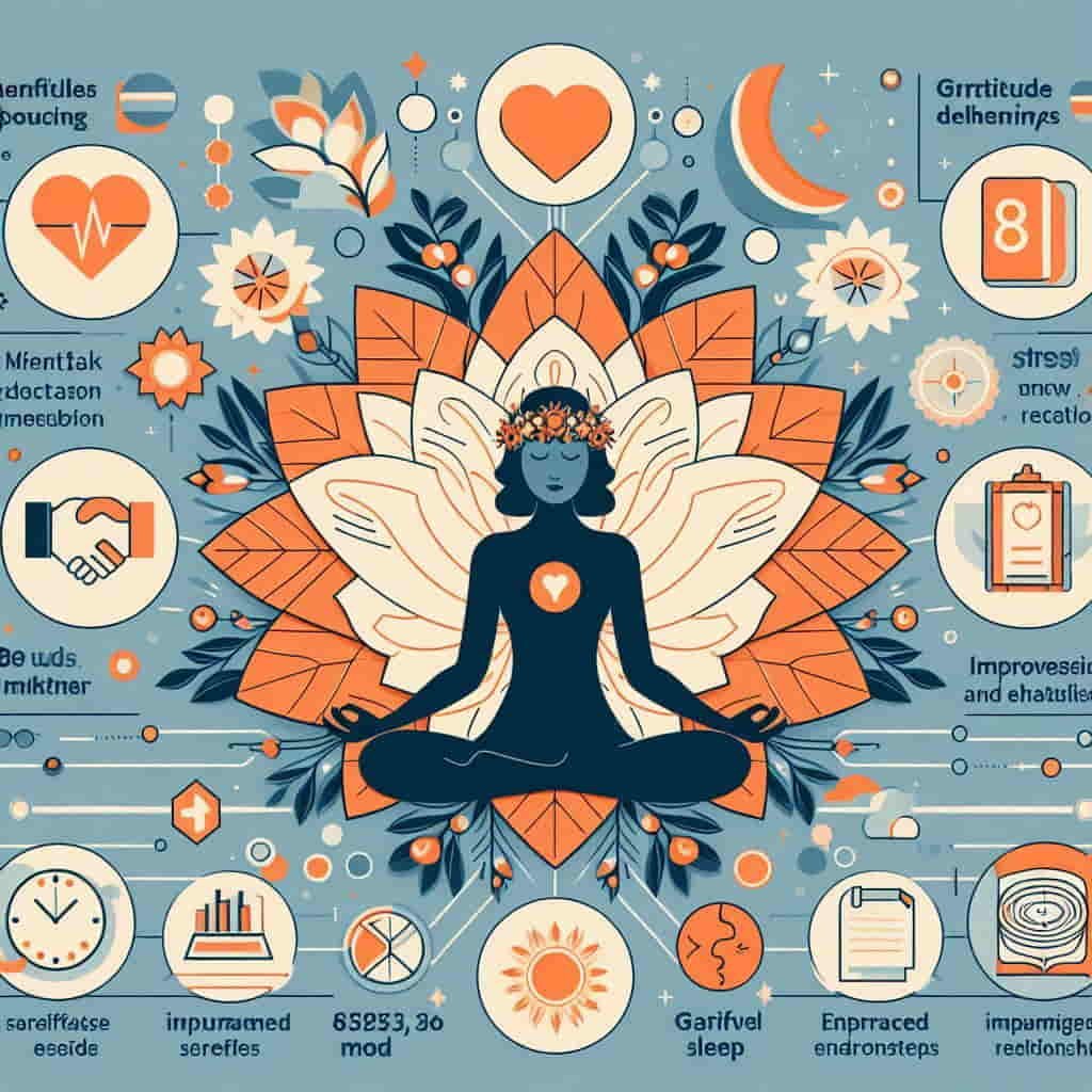 Infographic detailing mental health benefits of mindfulness practices, inspired by Amir Khusrau's wisdom on finding inner paradise.