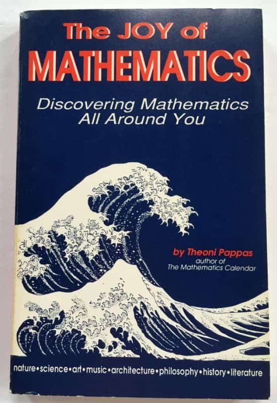 Student experiencing math eureka moment with "The Joy of Mathematics" by Theoni Pappas book, surrounded by floating equations and formulas