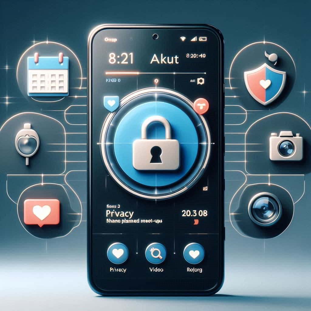 Smartphone with dating app surrounded by visual representations of online dating safety tips, creating a live infographic effect