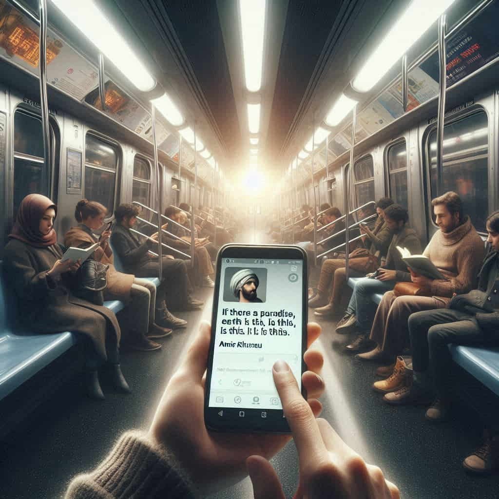 Person discovering everyday paradise on subway through mindfulness, inspired by Amir Khusrau's quote on smartphone, surrounded by diverse passengers.