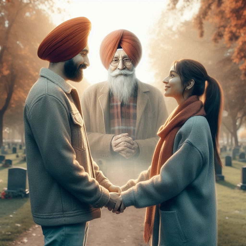 Sikh couple in Canada navigating grief and love, with spiritual presence of deceased father in background
