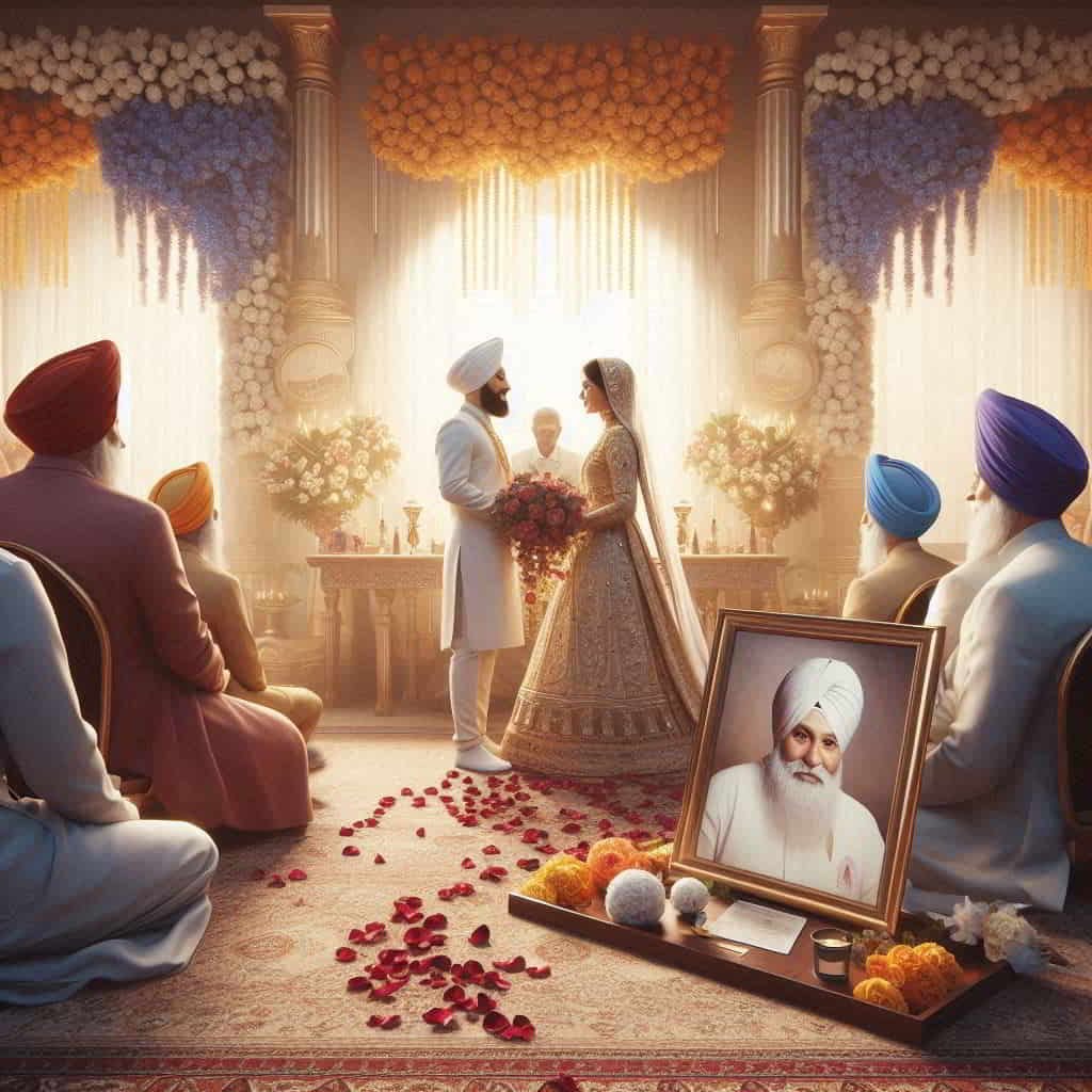 Sikh wedding in Canadian Gurdwara, honoring deceased father with framed photo during ceremony