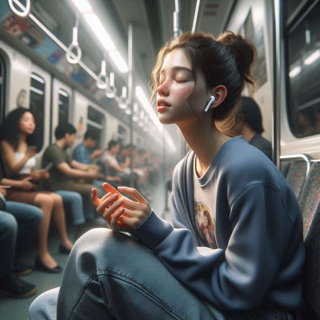 Teenage girl wearing AirPods Pro, immersed in music on crowded subway, showcasing youth culture and personal escape through technology.