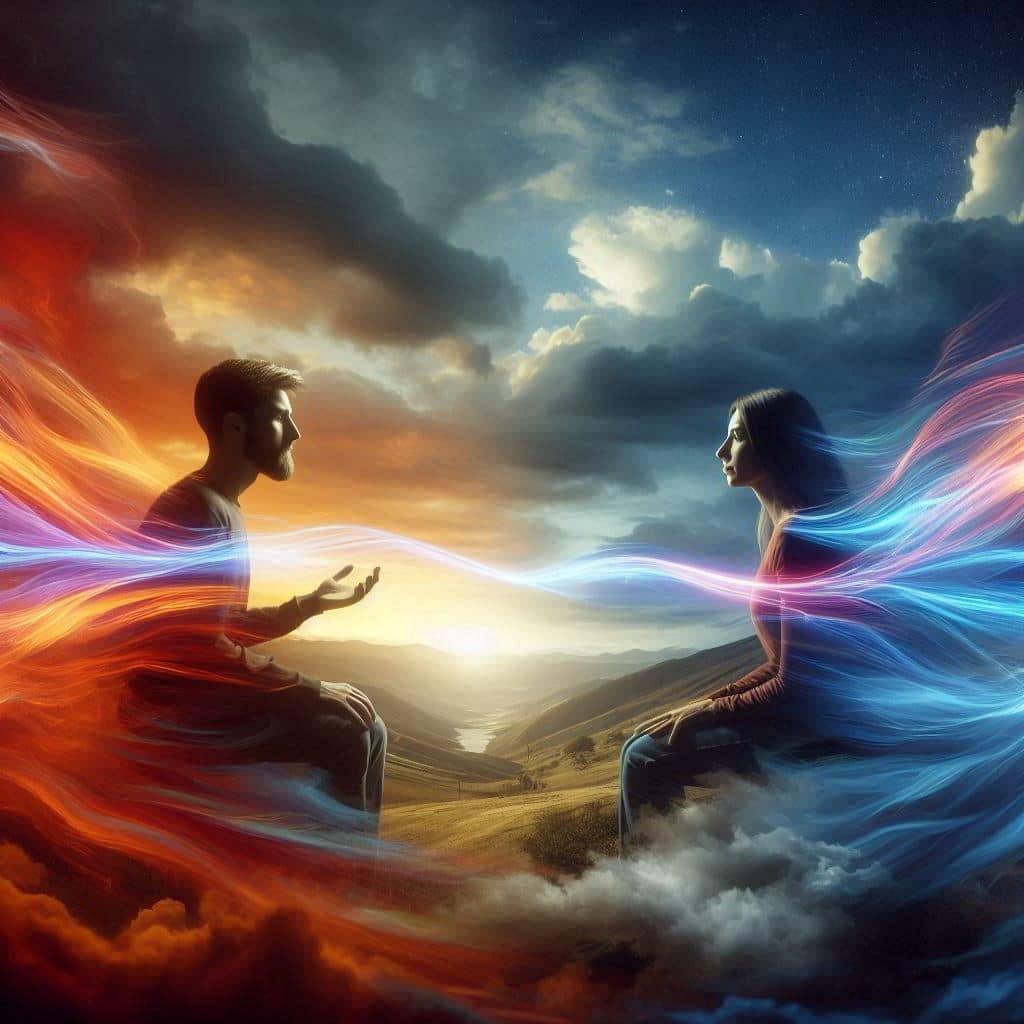 Two people in empathetic conversation with vibrant energy flow, background transitioning from stormy to clear, representing emotional growth