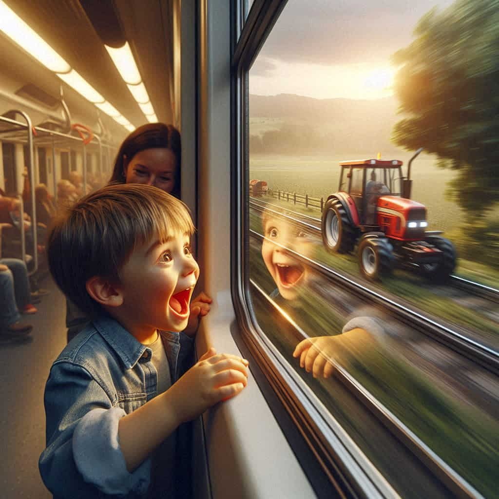 Photo of excited young boy pointing at scenery from train window, showcasing childlike wonder and joy in everyday moments during travel.