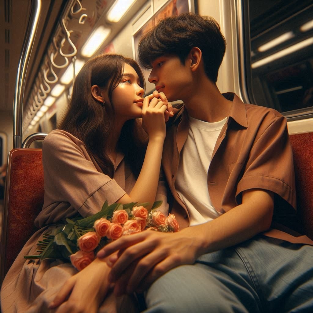 Photo of a young couple sitting closely on a subway, fingers intertwined, sharing tender glances that embody love and connection in a public transit setting.