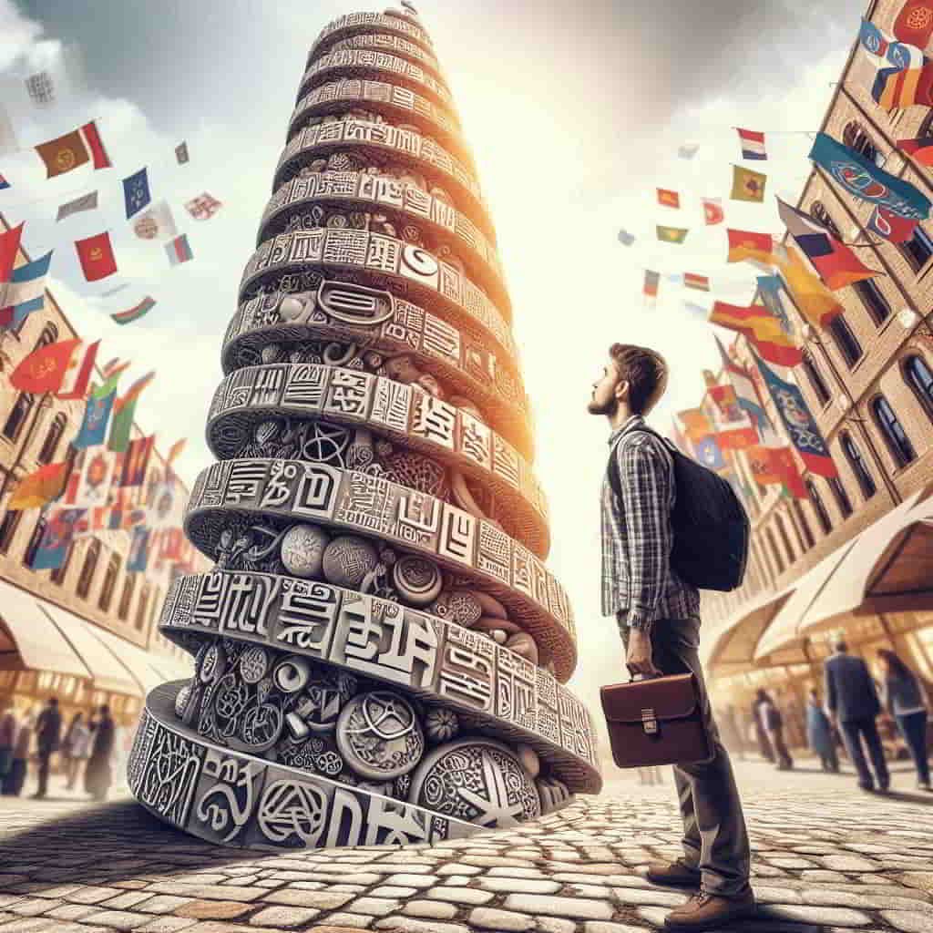 Young theologian at modern Tower of Babel, symbolizing the start of an interfaith exploration journey