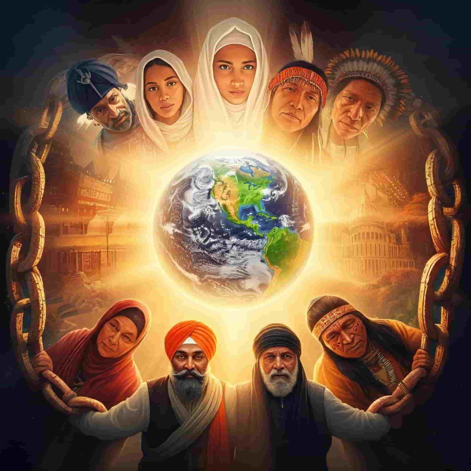 Diverse religious groups forming a human chain around a glowing globe, symbolizing interfaith unity and global harmony