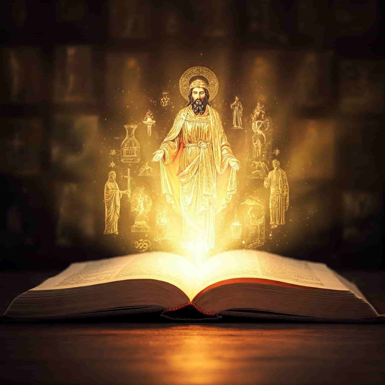 Open book revealing a tapestry of interconnected religious symbols, illustrating the shared elements of diverse faiths