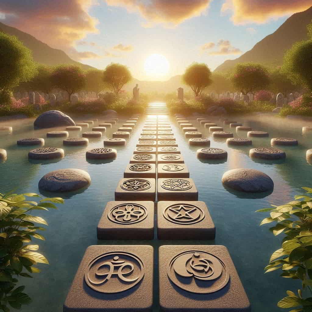 Stepping stones with interfaith symbols leading to a harmonious garden, representing actionable steps towards religious understanding