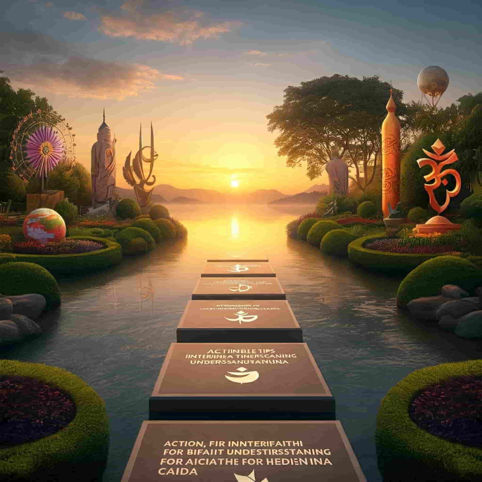 Stepping stones with interfaith symbols leading to a harmonious garden, representing actionable steps towards religious understanding