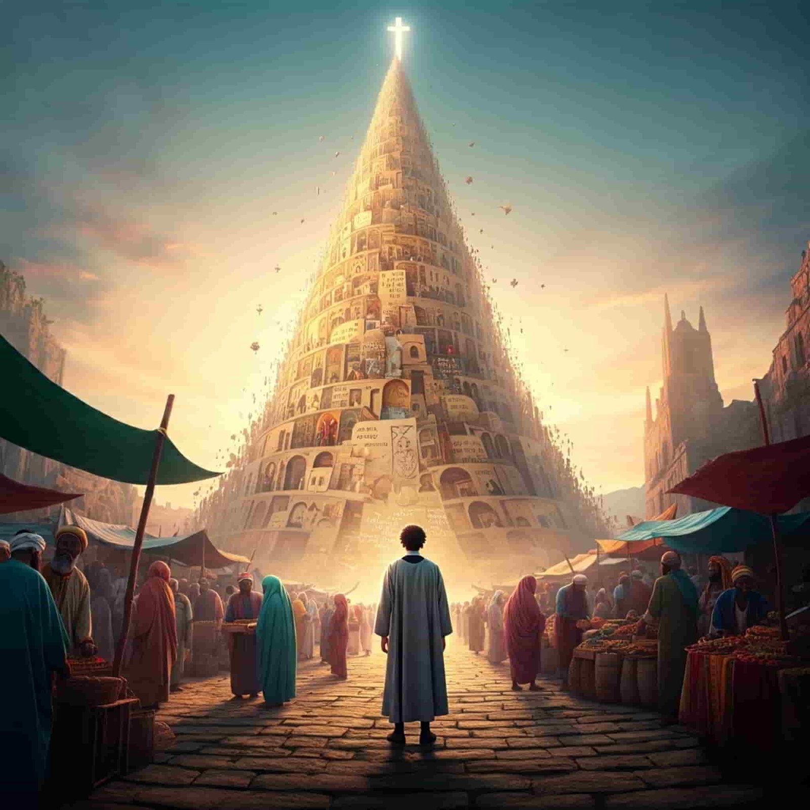 Young theologian at modern Tower of Babel, symbolizing the start of an interfaith exploration journey