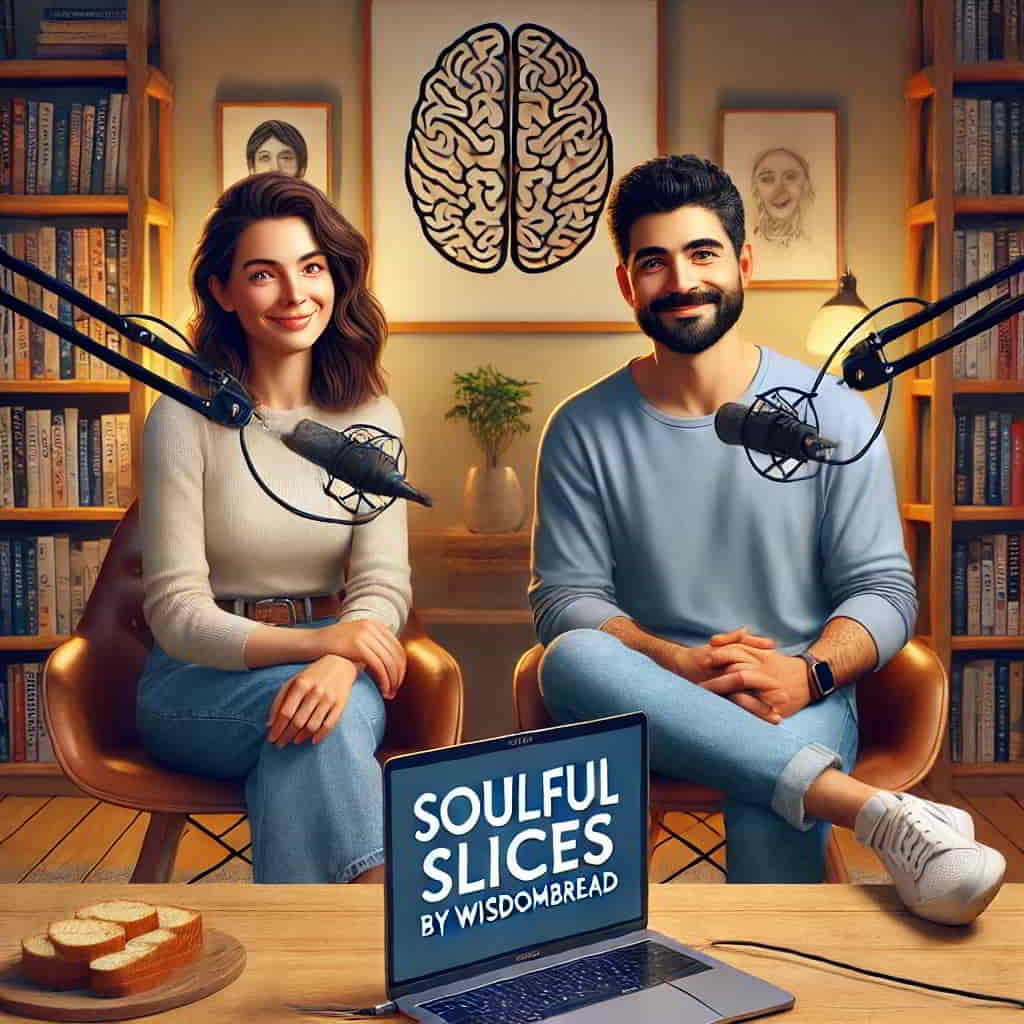 Soulful Slices by WisdomBread™: Expert Mental Health & Personal Growth Podcast Olga and Neel, hosts of Soulful Slices by WisdomBread™ podcast, discussing mental health and personal development in studio.