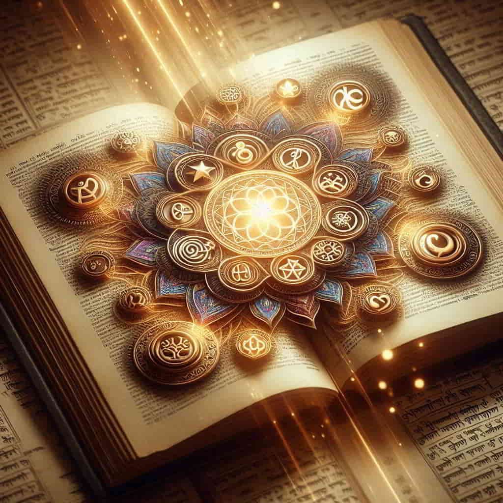 Open book revealing a tapestry of interconnected religious symbols, illustrating the shared elements of diverse faiths